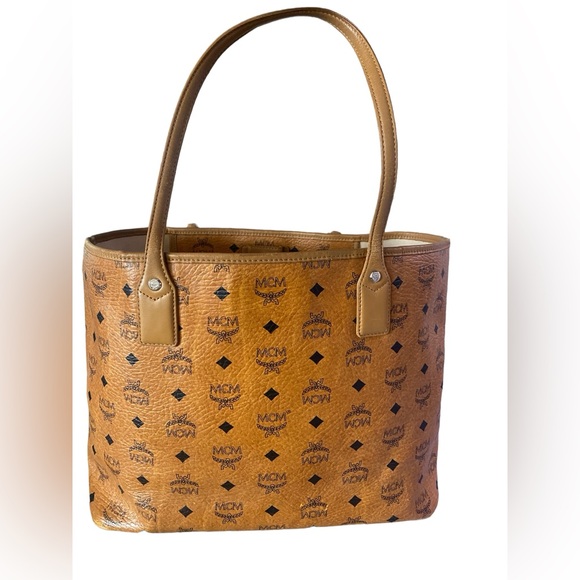 MCM Cognac Visetos Monogram Green Stripe Liz Shopper Tote - Picture 2 of 13